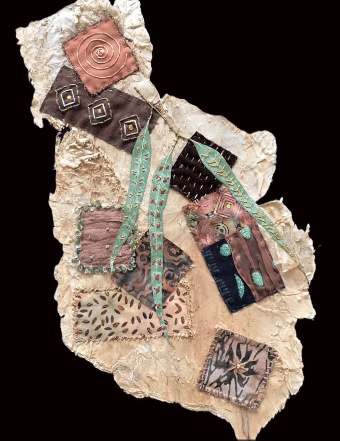 Natural paper bark with embroidered fabric shapes attached with machine stitching and hand embroidered real eucalyptus leaves to create an abstract image.